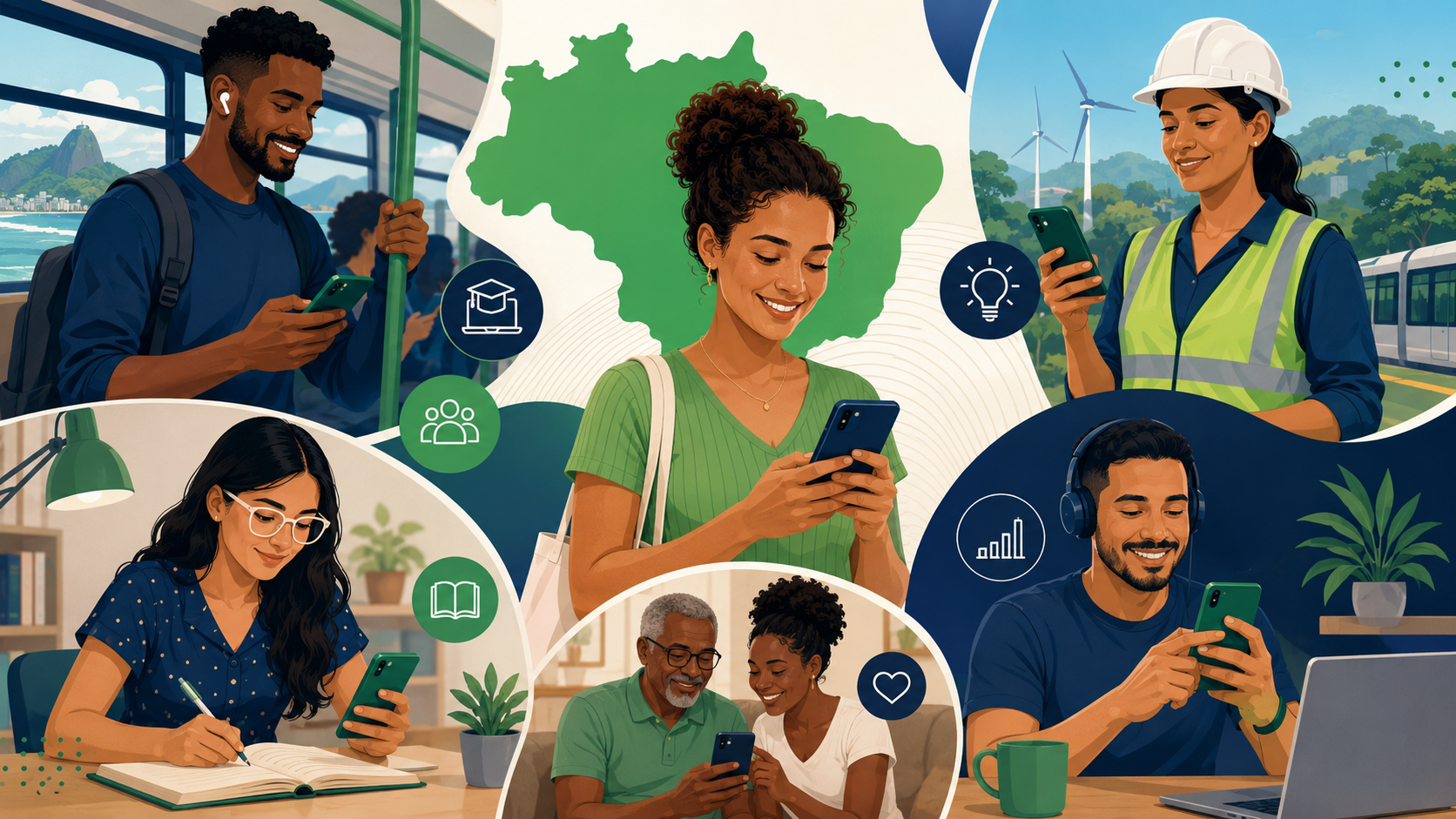 Pessoas em diferentes rotinas usando celular para estudar e se desenvolver